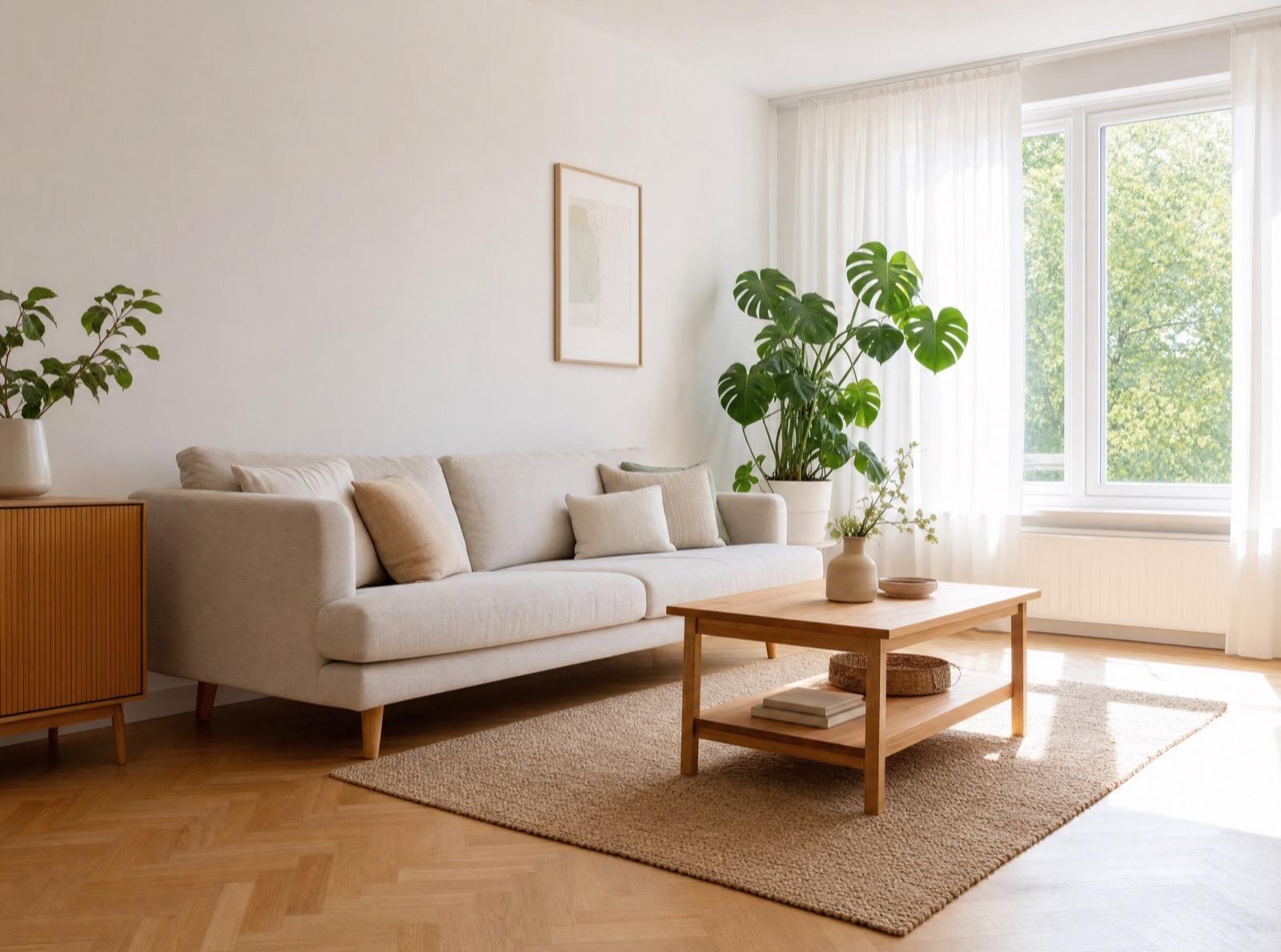 Samma vardagsrum efter städning – skinande rent och perfekt organiserat