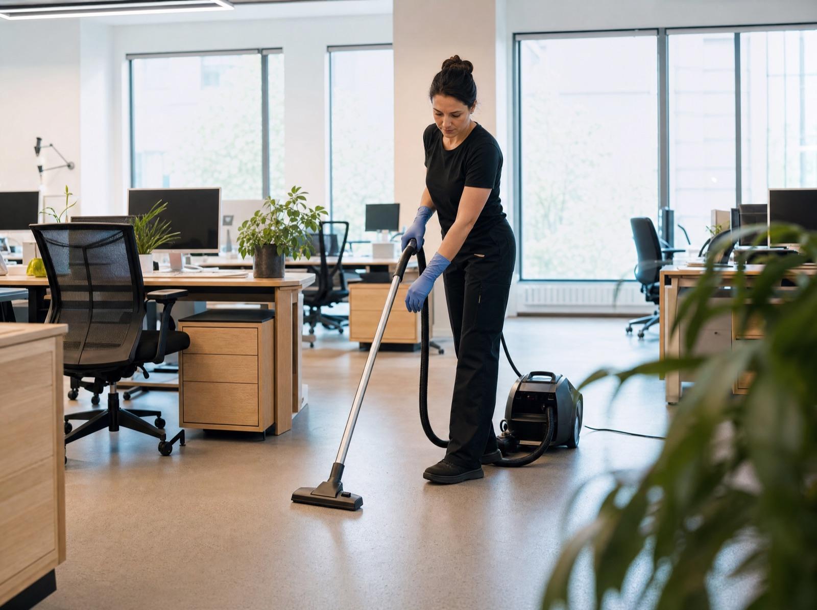 Medarbetare dammsuger ett ljust modernt kontor före arbetsdagens start