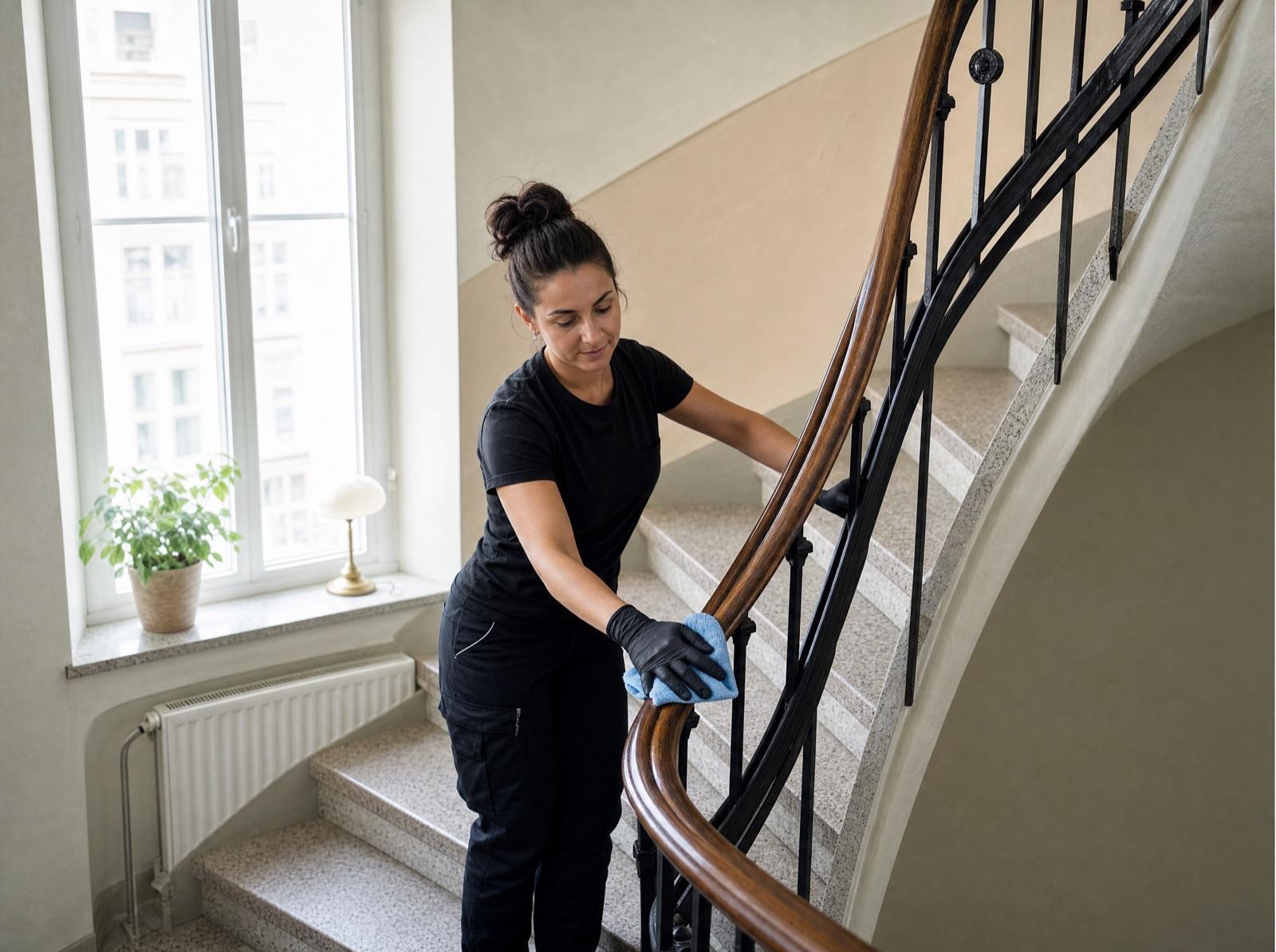 Medarbetare torkar av träräcket i ett ljust välskött trapphus