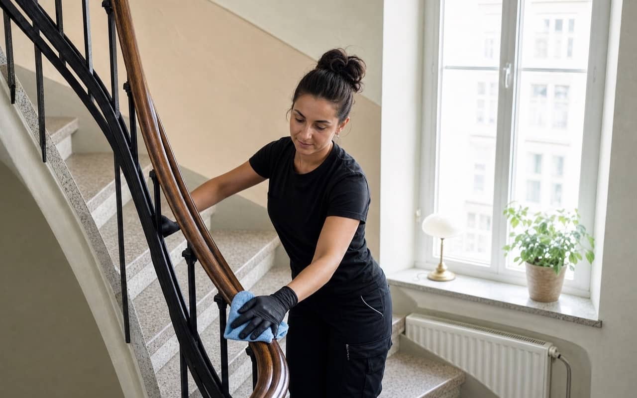 Medarbetare torkar av träräcket i ett ljust välskött trapphus