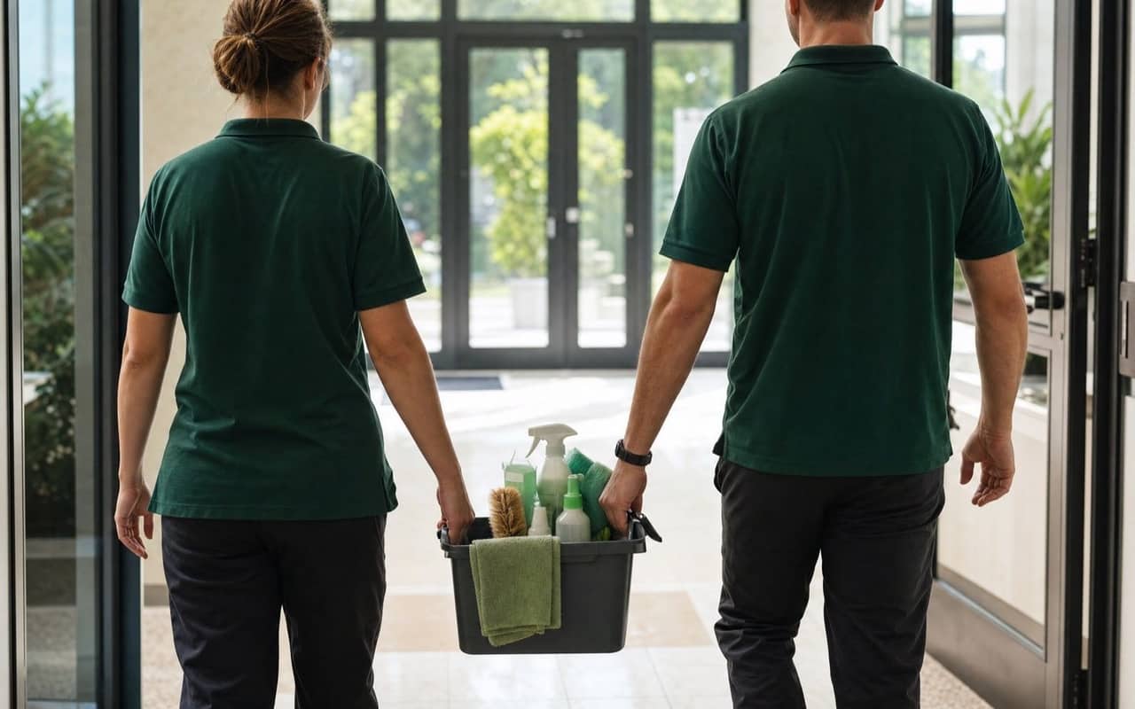 Medarbetare i gröna tröjor går in genom en ljus entré med en korg full av städprodukter